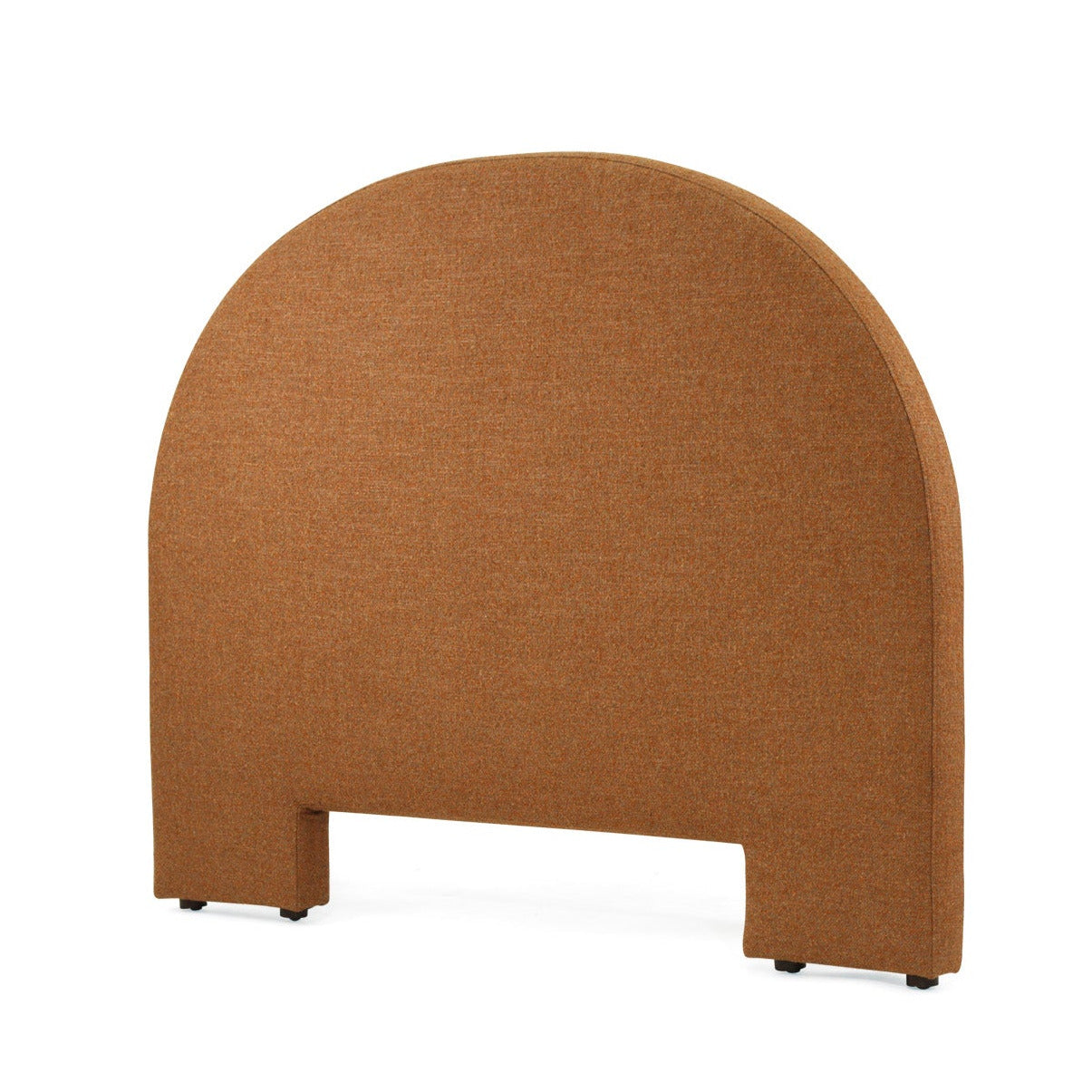 A modern, arched upholstered panel in a warm rust-brown fabric, shown on a solid white background.