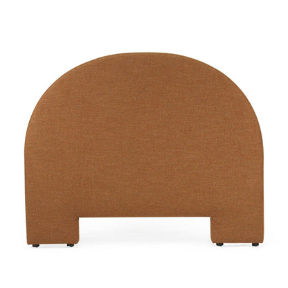 A modern, curved upholstered headboard in a textured rust-brown fabric, shown from the front against a solid white background.