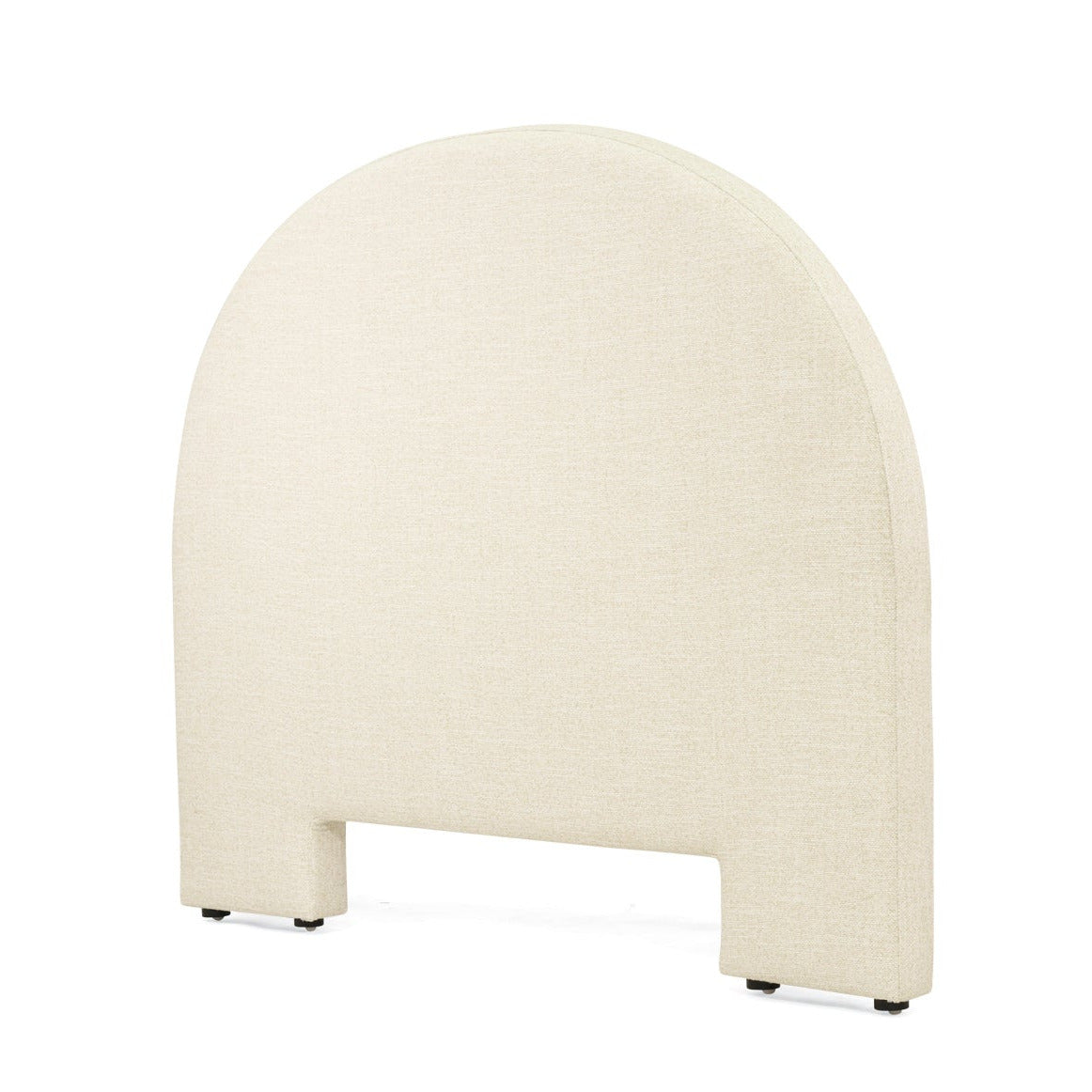 An upholstered headboard with a rounded top and a rectangular cutout at the bottom, covered in a textured cream fabric, shown on a plain white background.