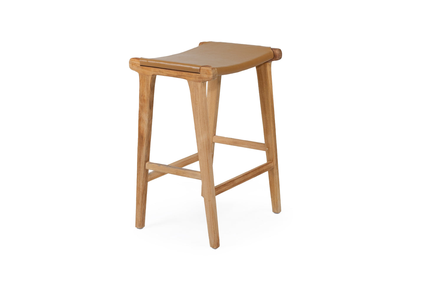 Otis Leather & Teak Saddle Counter Stool - Deep Tan | Made To Order