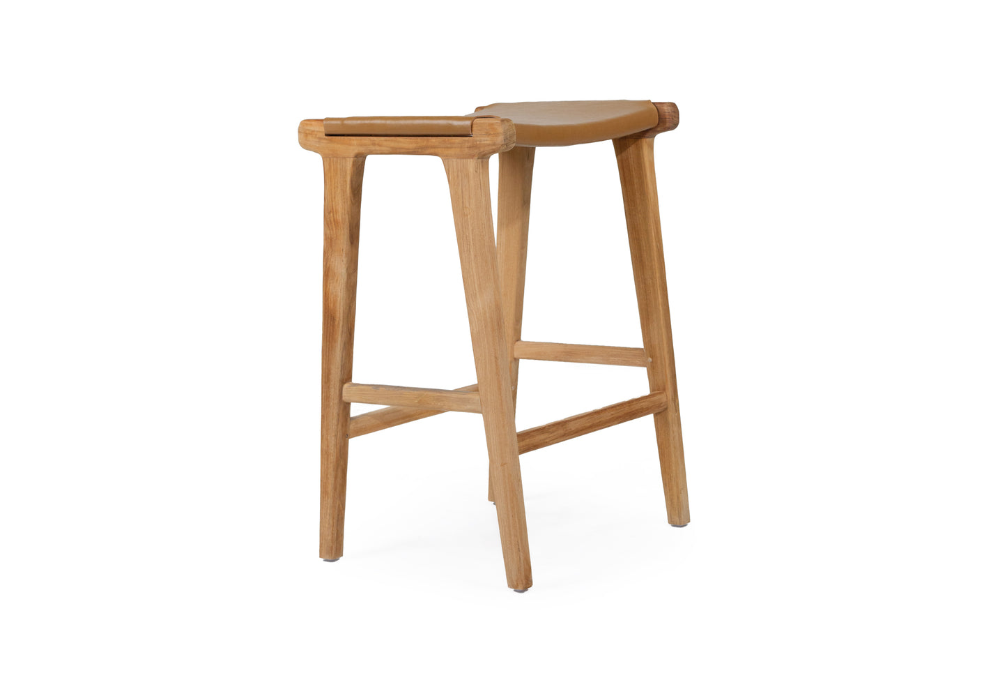 Otis Leather & Teak Saddle Counter Stool - Deep Tan | Made To Order