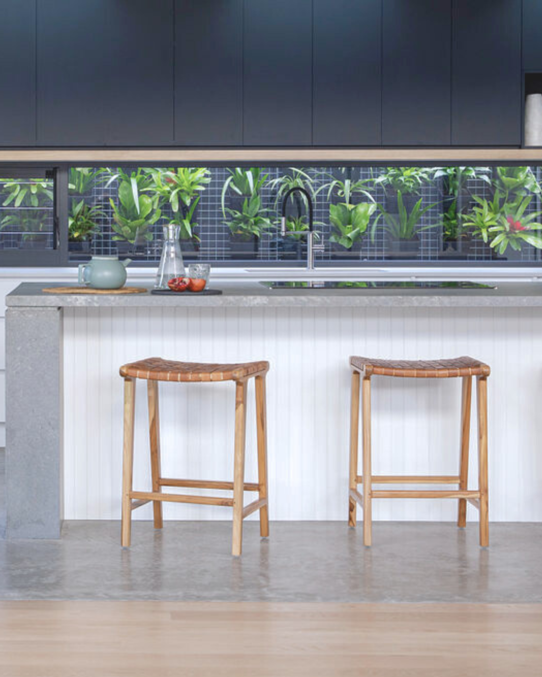 Otis Woven Leather & Teak Saddle Counter Stool - Tan