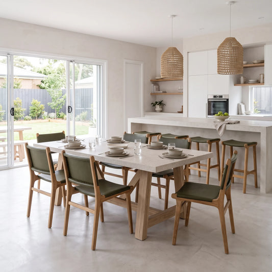 A modern dining room set featuring a rectangular light stone dining table with a thick wooden trestle base, surrounded by wooden chairs with olive green upholstered seats. The room has a minimalist, bright aesthetic with a matching stone kitchen island, white cabinetry, and two woven wicker pendant lights.