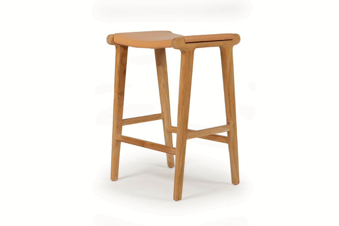 Natural Tan Leather and Teak stool