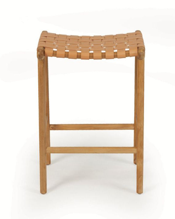 Wooden stool with natural tan leather woven seat on a white background