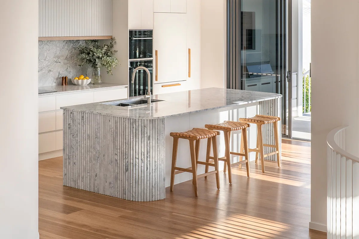 Wooden stool with natural tan leather woven seat