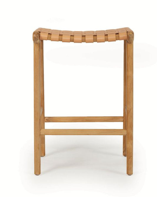 Close-up of a woven leather stool with wooden legs on a white background