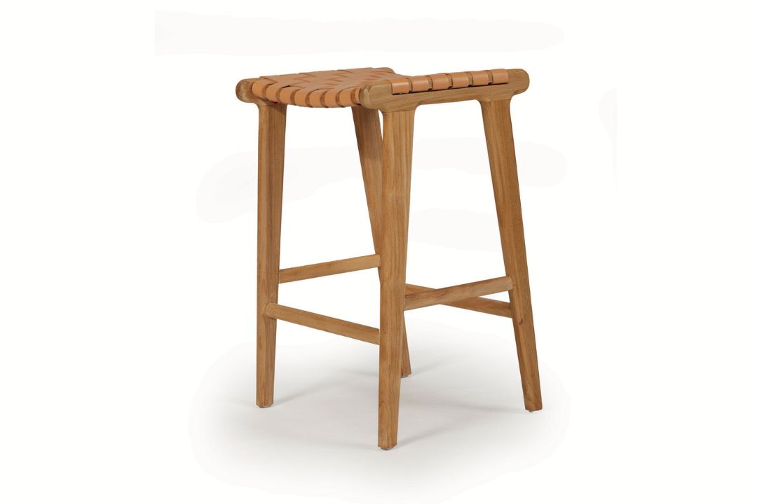 Wooden stool with natural tan leather woven seat 