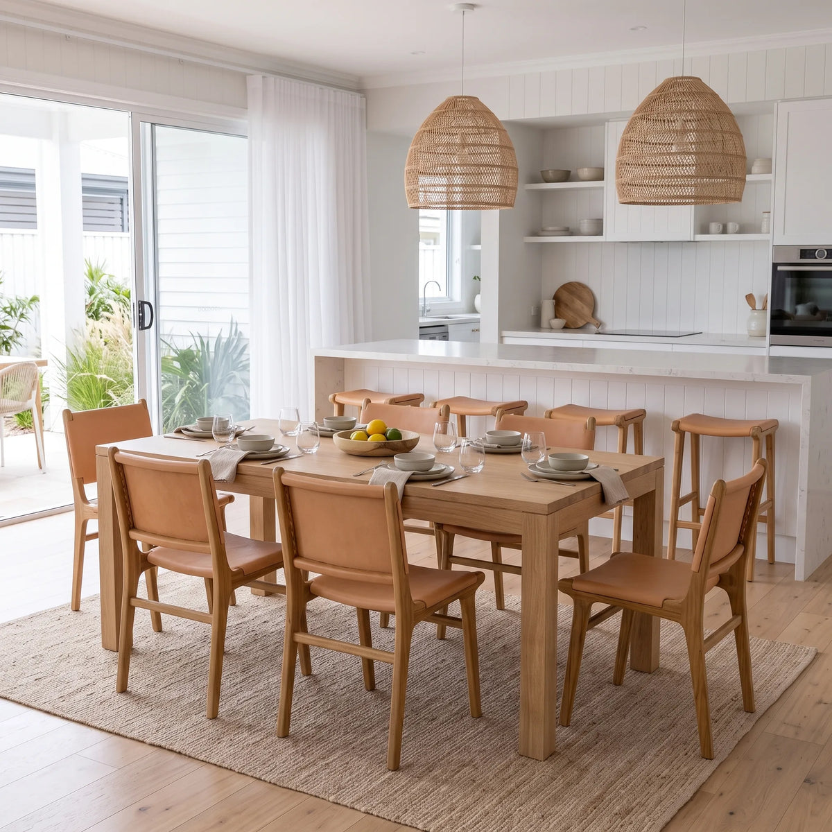 A modern dining room set featuring a light oak rectangular wooden table and six matching wooden chairs with tan leather or fabric seats, arranged on a natural jute rug in a bright, contemporary kitchen-dining space.