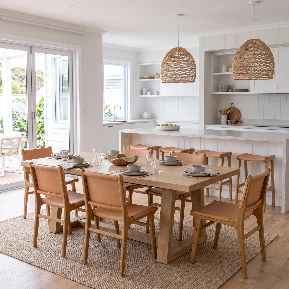 A dining room scene with a light wood dining table and multiple woven-back and upholstered chairs arranged on a jute rug. Pendant lights, a white kitchen, windows, and an outdoor patio are visible in the background.