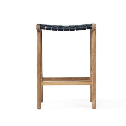 Teak and Black Woven Leather Kitchen Stool