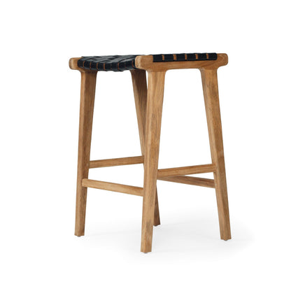 Teak and Black Woven Leather Kitchen Stool