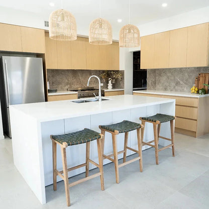 Modern Kitchen featuring Sun Republic Olive leather and teak kitchen counter stools