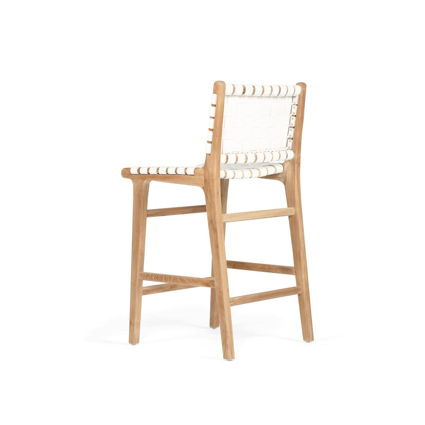 Teak counter stool with white leather woven seat and backrest on a white background by Sun Republic
