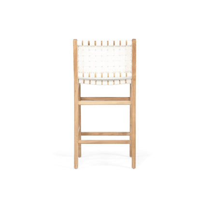 Teak counter stool with white leather woven seat and backrest on a white background by Sun Republic