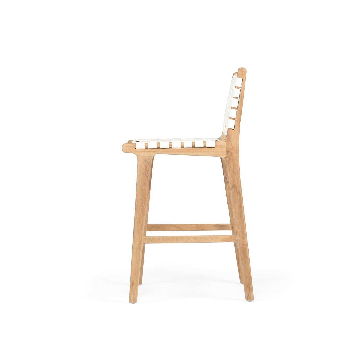 Teak counter stool with white leather woven seat and backrest on a white background by Sun Republic