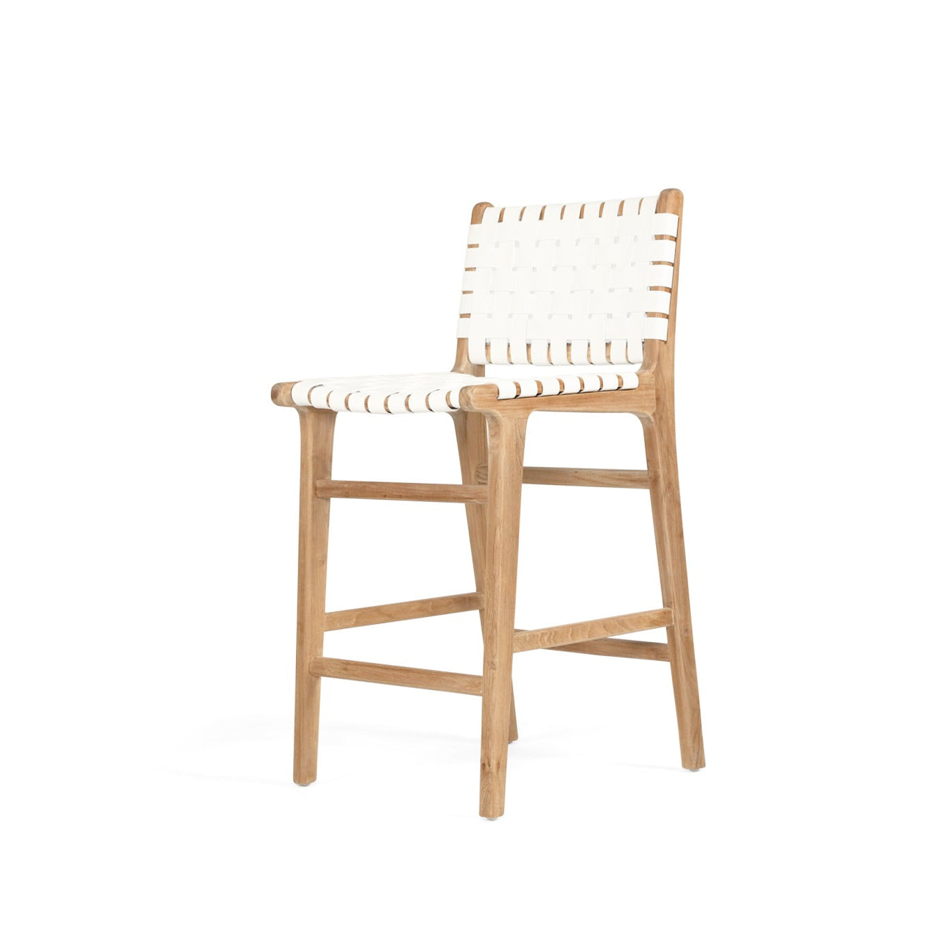 Teak counter stool with white leather woven seat and backrest on a white background by Sun Republic