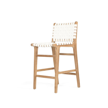 Teak counter stool with white leather woven seat and backrest on a white background by Sun Republic