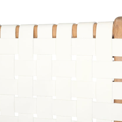 Teak counter stool with white leather woven seat and backrest on a white background by Sun Republic