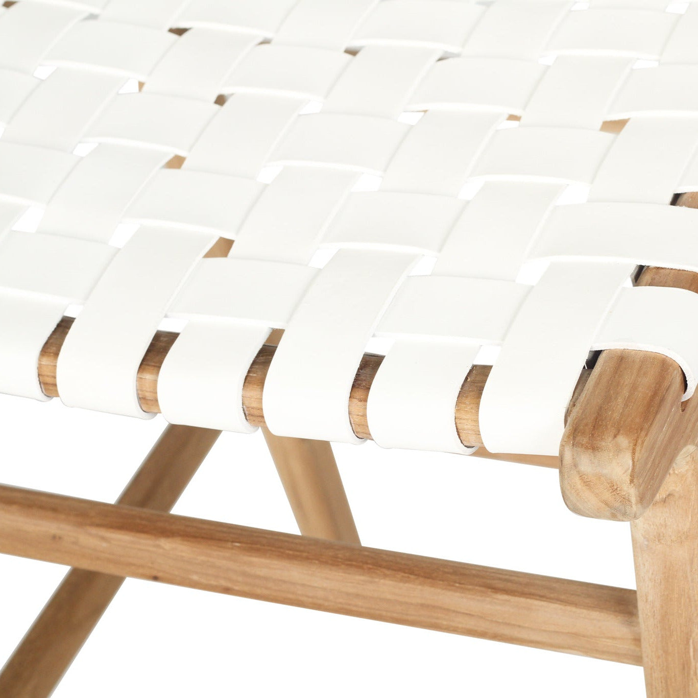 Teak counter stool with white leather woven seat and backrest on a white background by Sun Republic