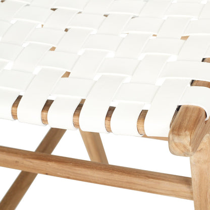 Teak counter stool with white leather woven seat and backrest on a white background by Sun Republic