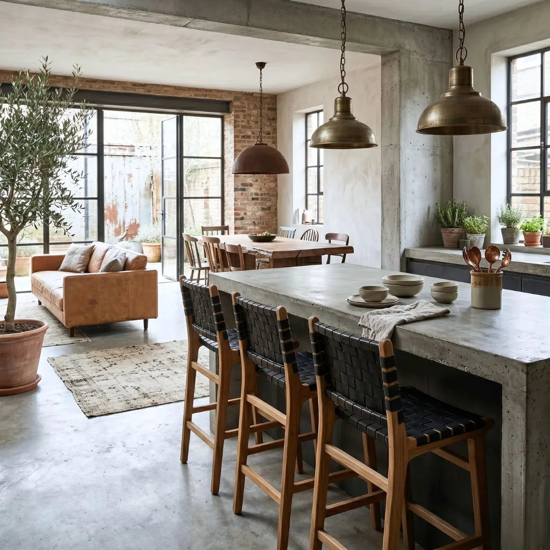 Black woven leather and teak kitchen counter stools in a modern home at a kitchen island bench
