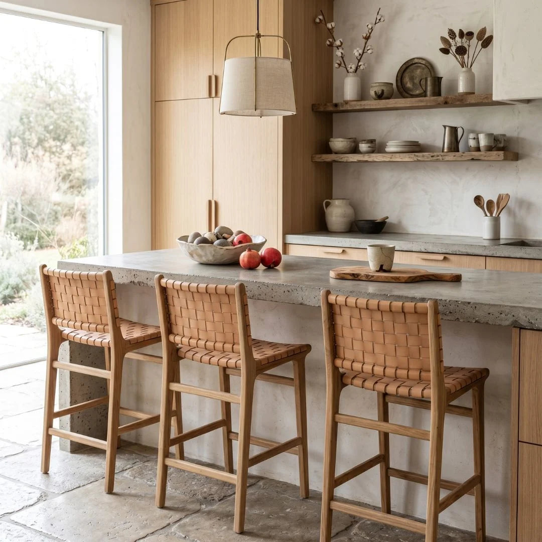 Natural tan woven leather and teak counter stools in a modern kitchen
