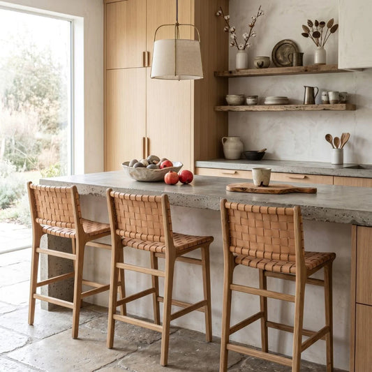 Natural tan woven leather and teak counter stools in a modern kitchen
