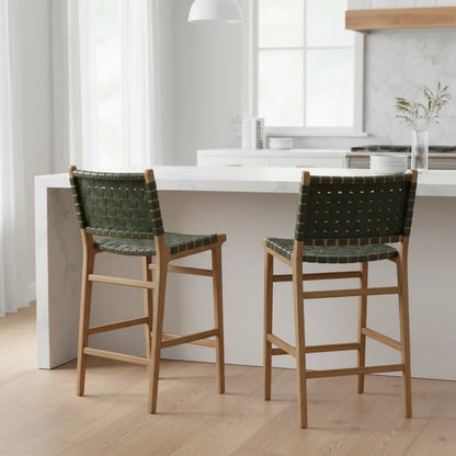 Otis Woven Leather & Teak Counter Stool - Olive