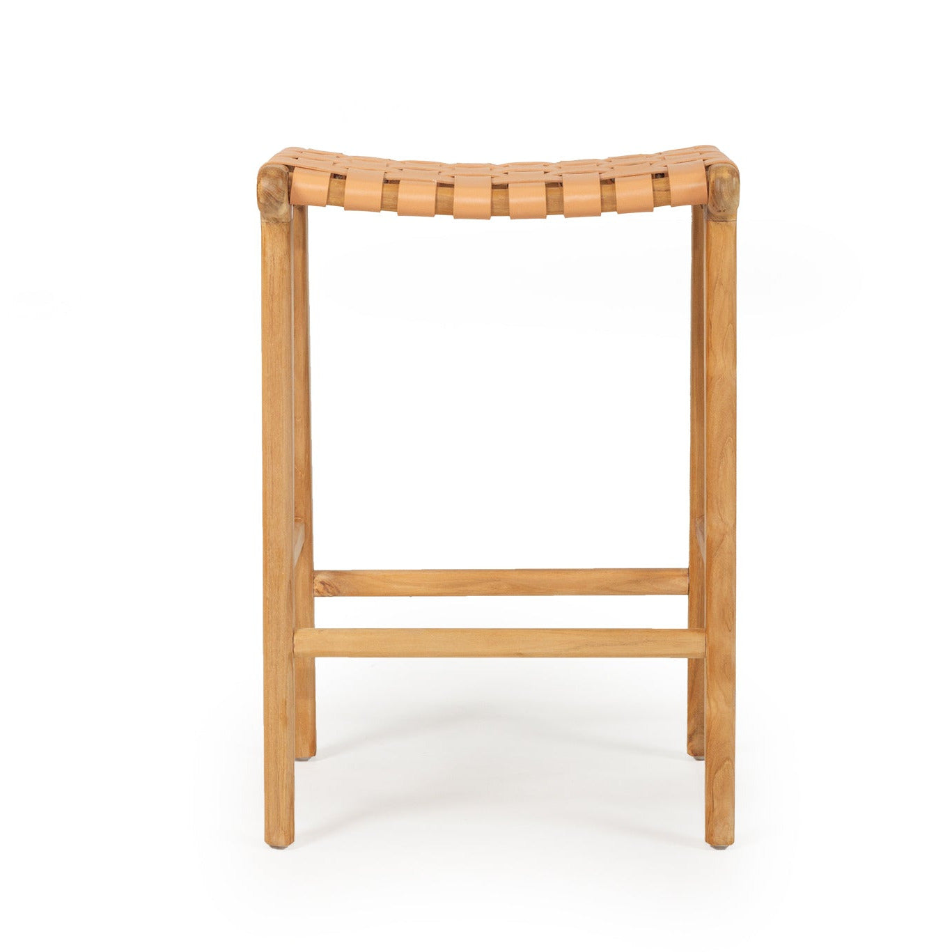 Woven leather stool with wooden legs on a white background