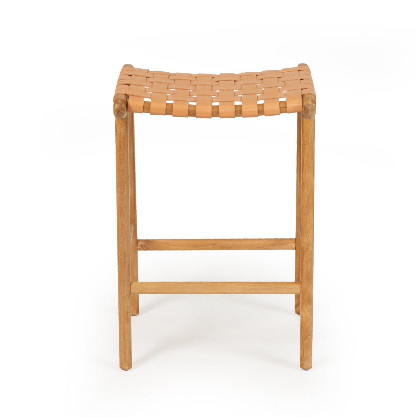 Woven leather stool with wooden legs on a white background