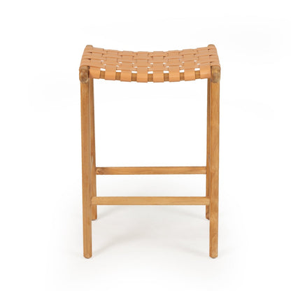 Woven leather stool with wooden legs on a white background