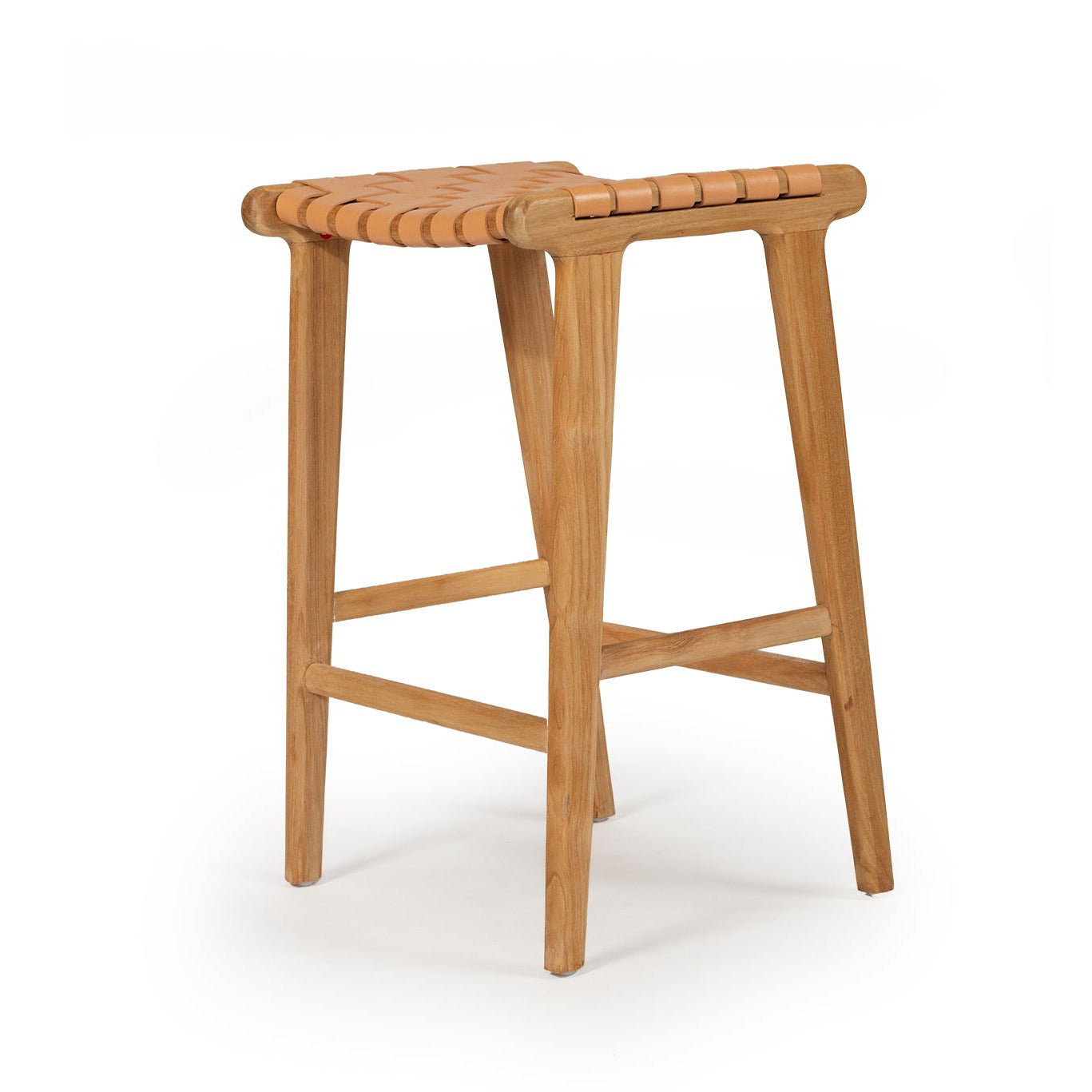 Woven leather stool with wooden legs on a white background