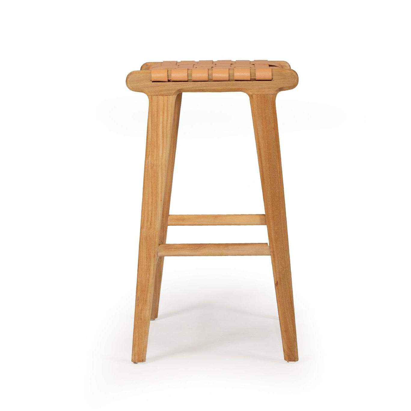 Woven leather stool with wooden legs on a white background