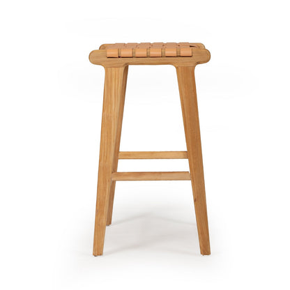 Woven leather stool with wooden legs on a white background
