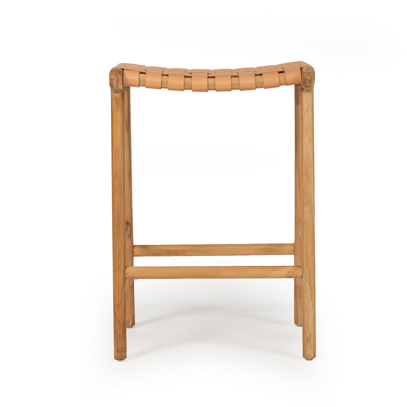 Woven leather stool with wooden legs on a white background
