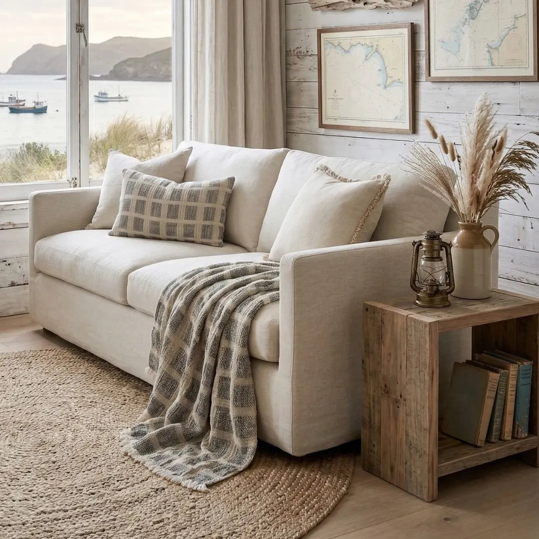 Cozy living room with a beige sofa, wooden side table, and decorative elements.