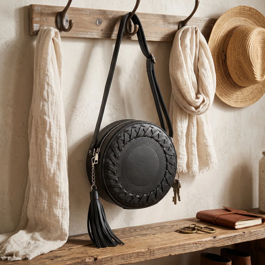 A round black leather shoulder bag with a tassel and braided detailing hangs from a wooden wall hook. The scene includes cream linen scarves, a woven straw hat, a wooden shelf with a brown leather book, and warm neutral wall and floor tones.