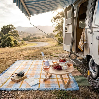 Picnic setup on a blanket in front of a camper van with a scenic background
