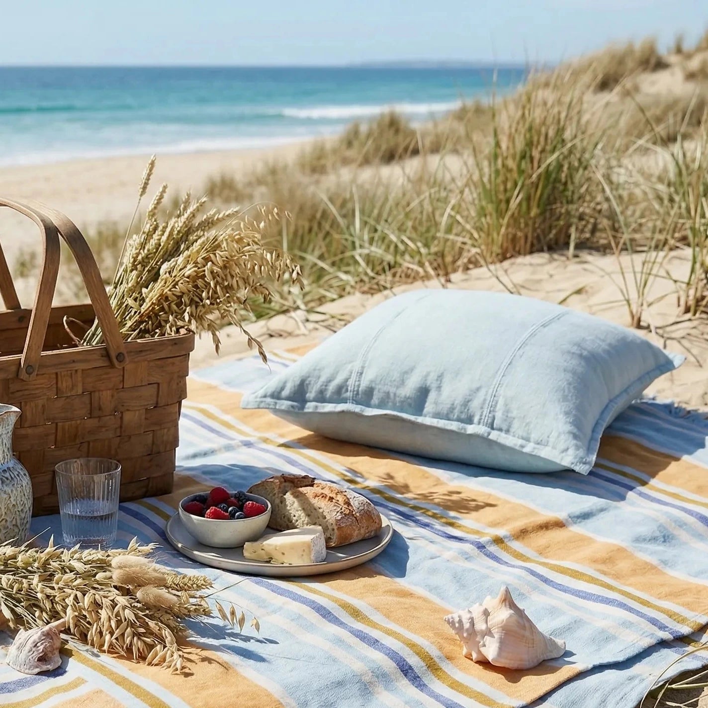 Beach picnic setup with a basket, tablecloth, and food on a sandy beach.