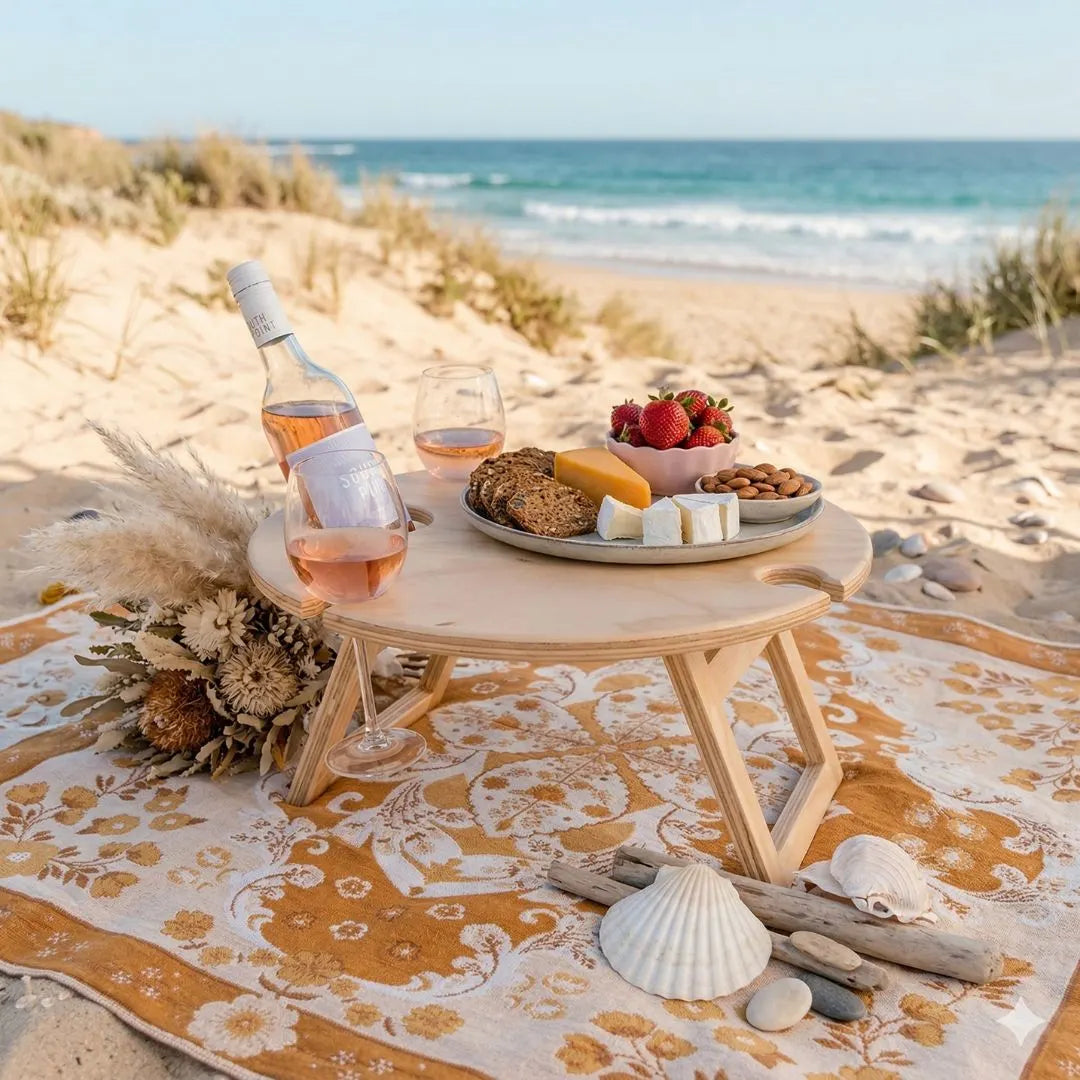 Picnic setup on a sandy beach with a bottle of wine, glasses, and a plate of food.