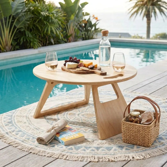 Wooden table by a pool with wine glasses, cheese board, and a basket.