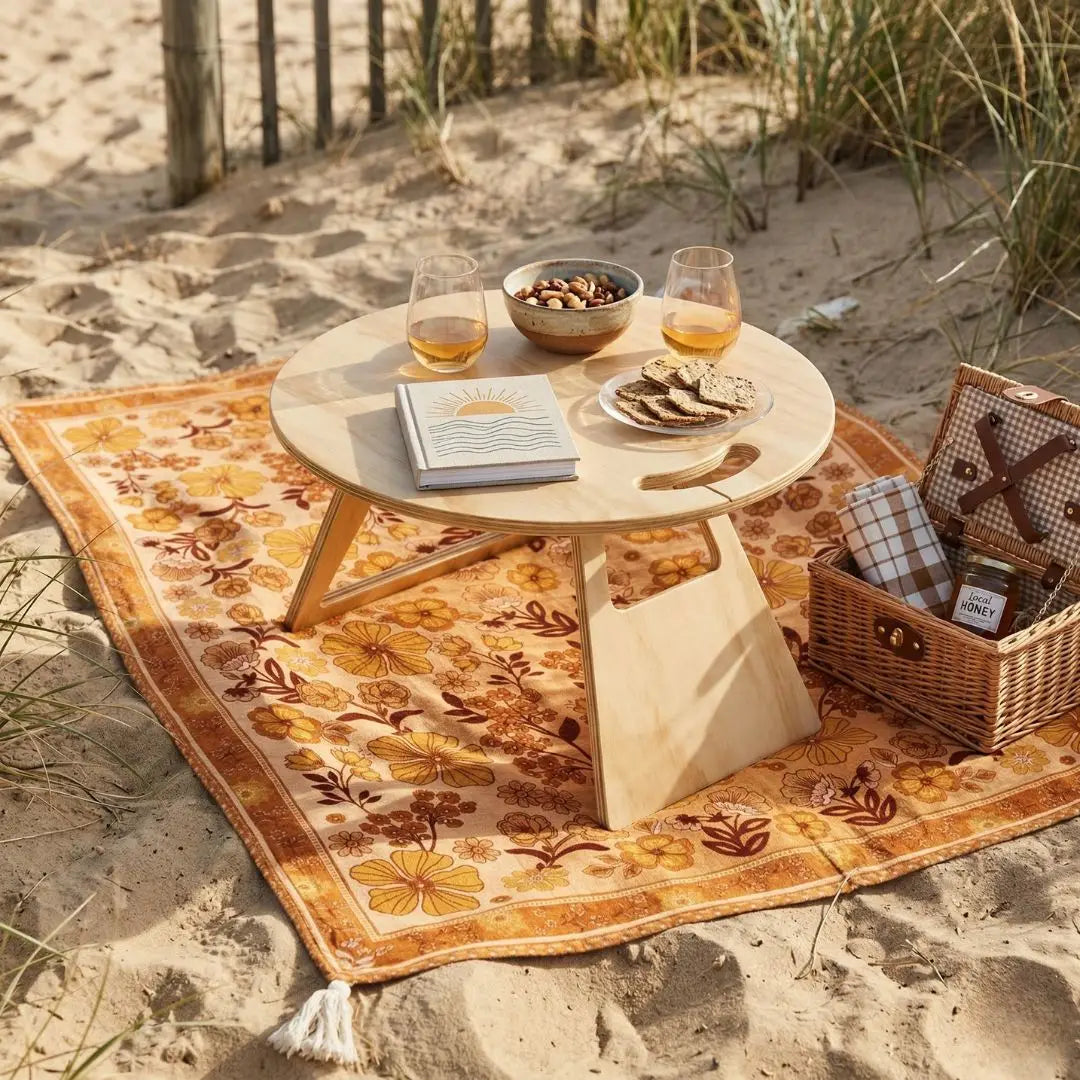 Beach setting with a table, glasses, and snacks on a floral-patterned towel.