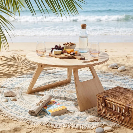 Beachside setting with a wooden table, picnic basket, and food items on a sandy beach.