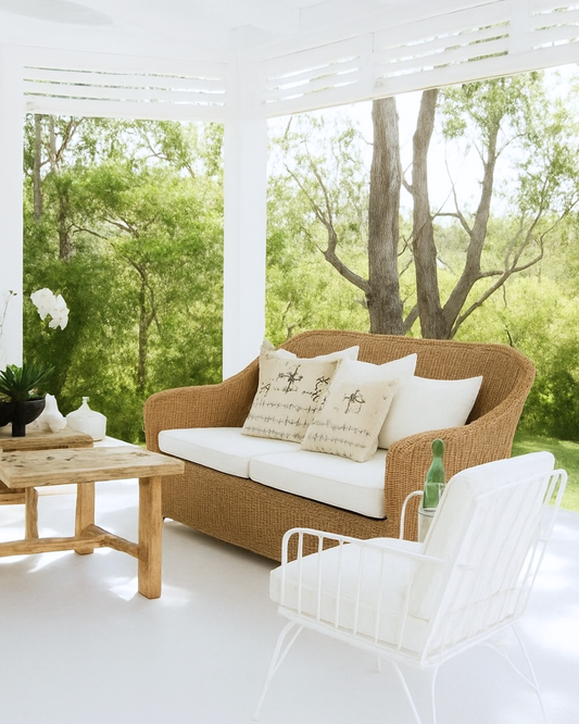 Outdoor living space with wicker sofa, white cushions, and a wooden table.
