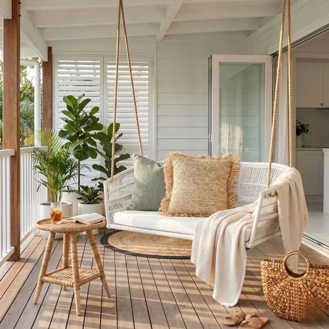 Cozy outdoor seating area with a swing, cushions, and a small table on a wooden deck.