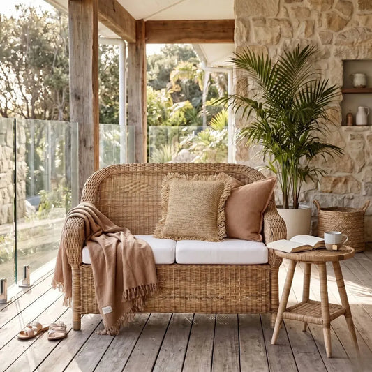 Wicker sofa with cushions and a blanket on a wooden deck with a stone wall and plants in the background.