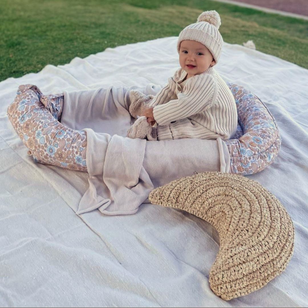 Natural Raffia Moon Cushion - Handwoven Pillow for Kids & Nursery Decor
