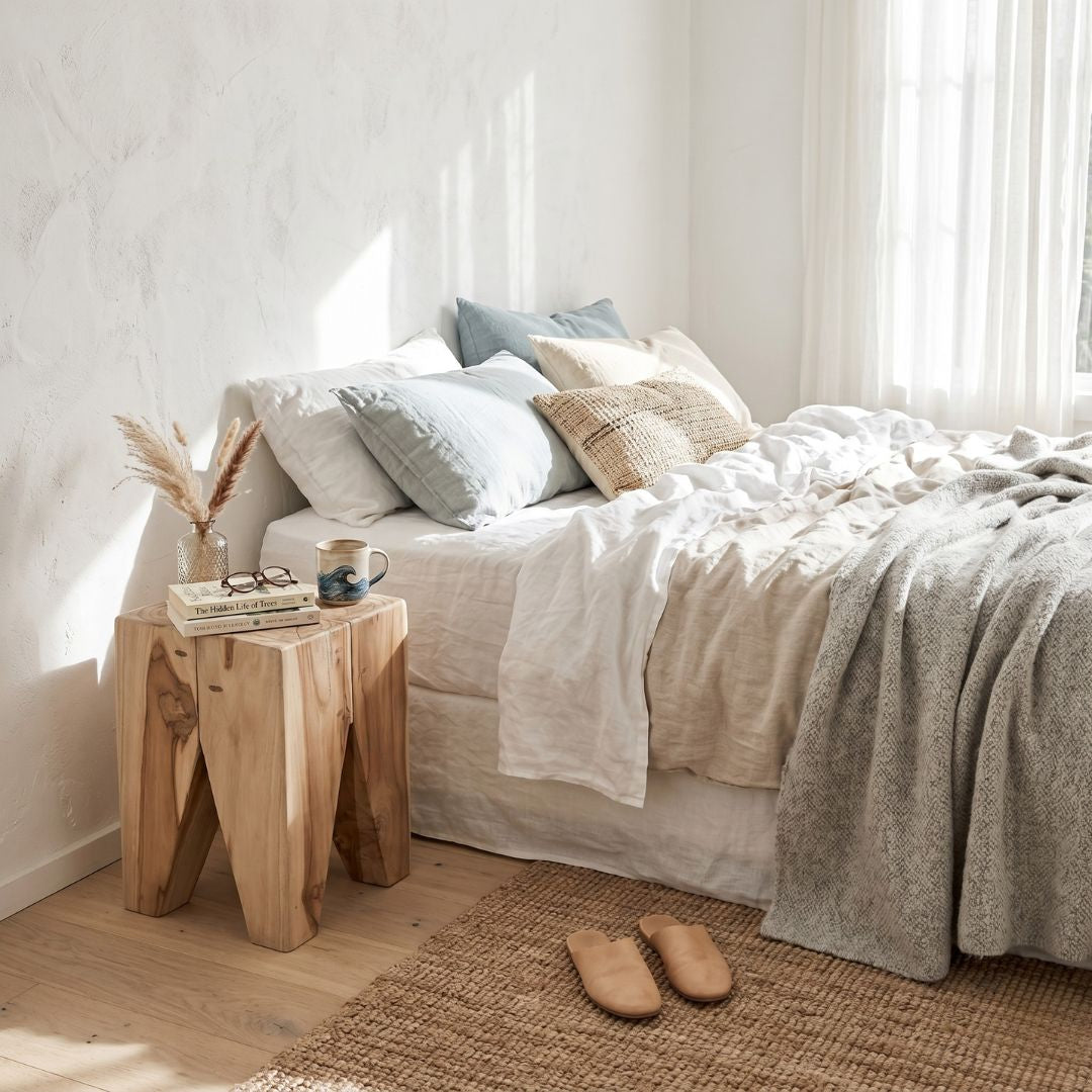 Square teak side table next to a bed 