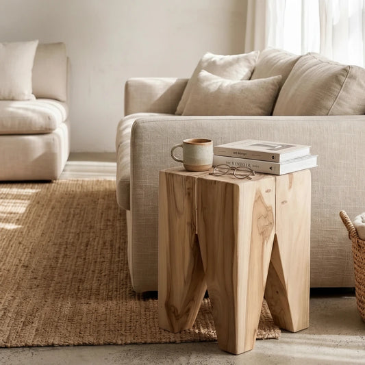 Square teak side table next to a sofa